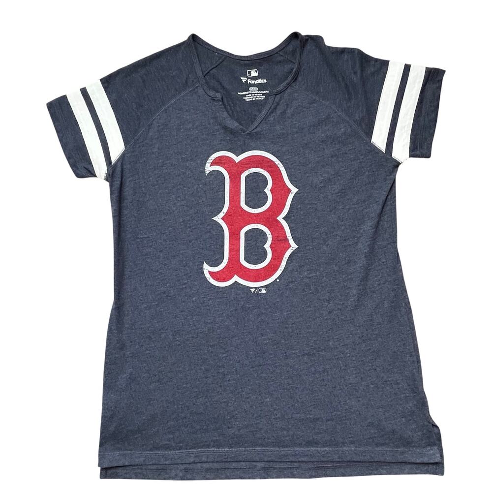 Fanatics Boston Red Sox Women's Small Notch V-Neck Striped Sleeve T-Shirt Blue